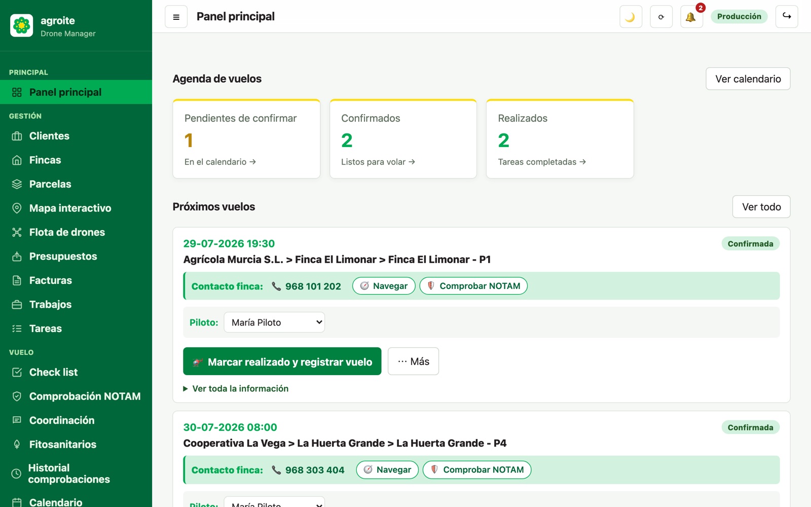 El panel principal de Agroite Drone Manager, con la agenda de vuelos y el resumen de la actividad